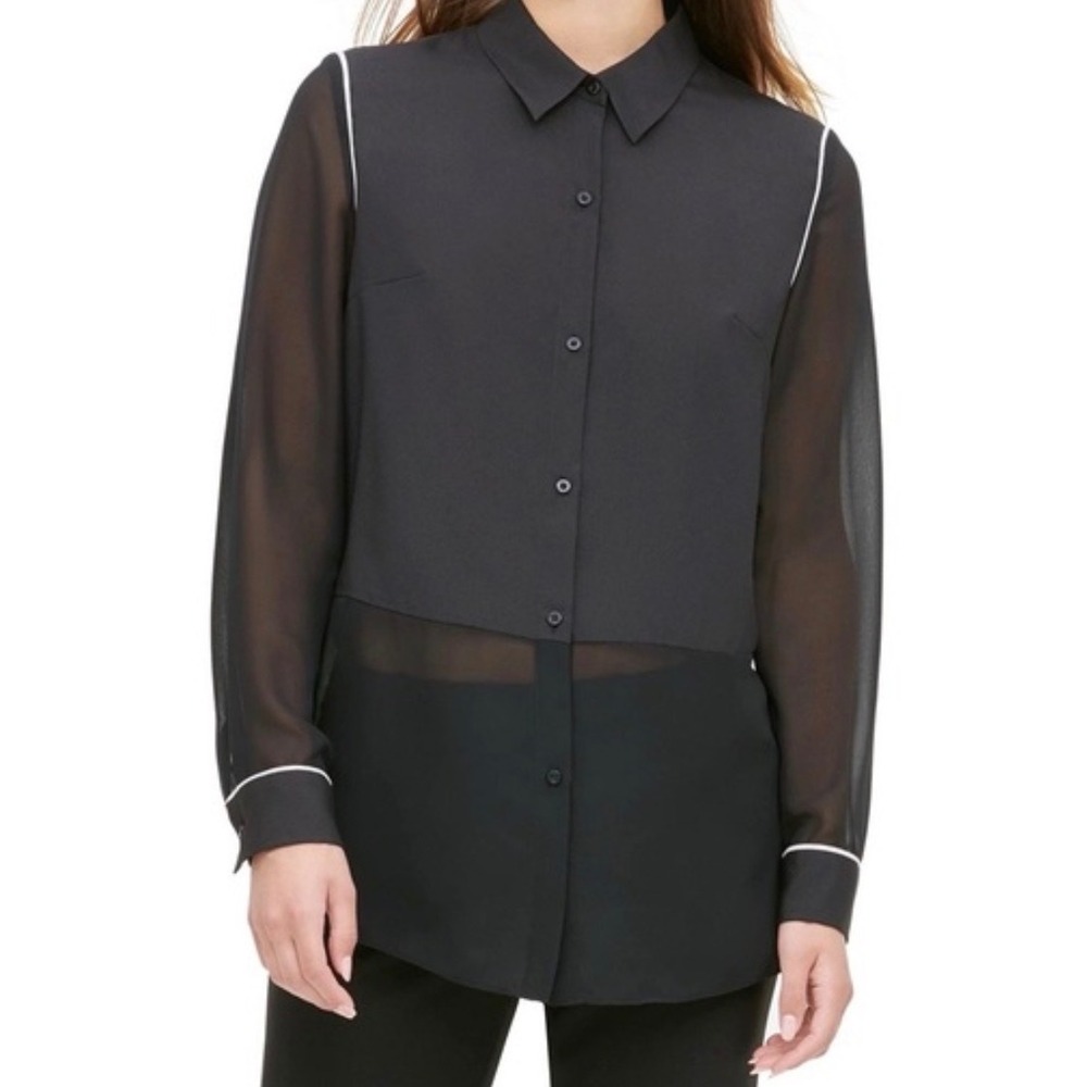 Calvin‎ Klein Blouse Womens L Black Sheer Chiffon Button Up Minimalist Workwear